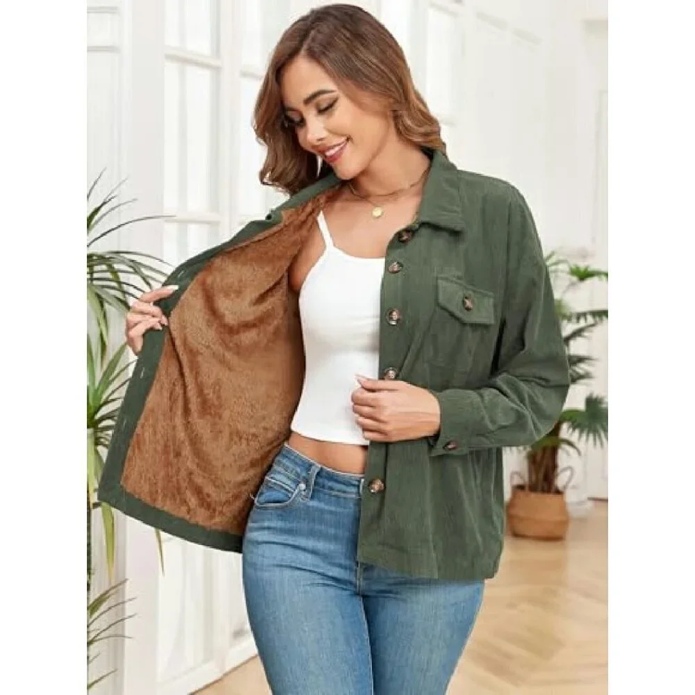Vintage Corduroy Fleece Lined Jacket Shacket Casual Winter Coat